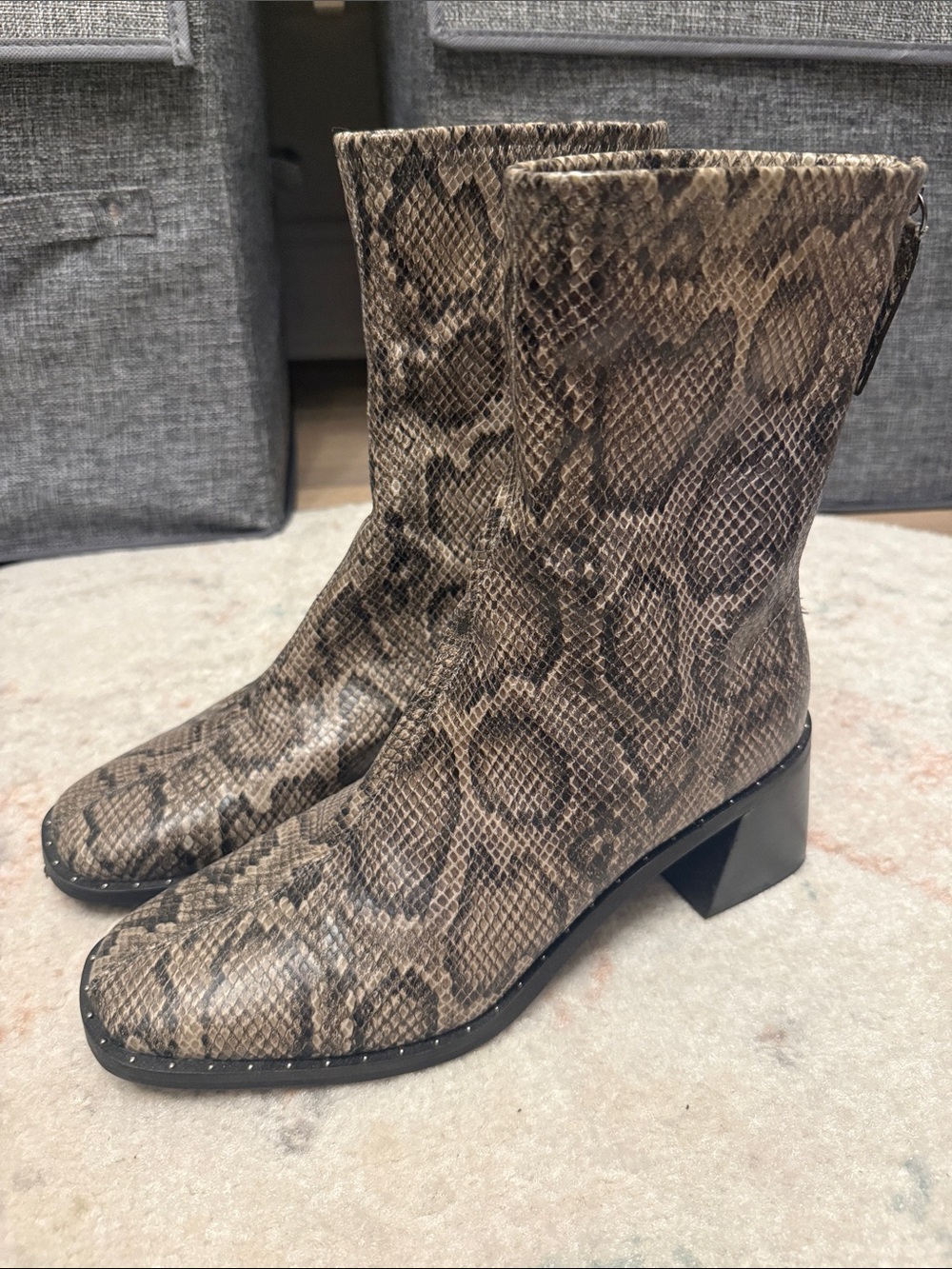 Snake-Print Mid-Heel Ankle Booties in Taupe Brown